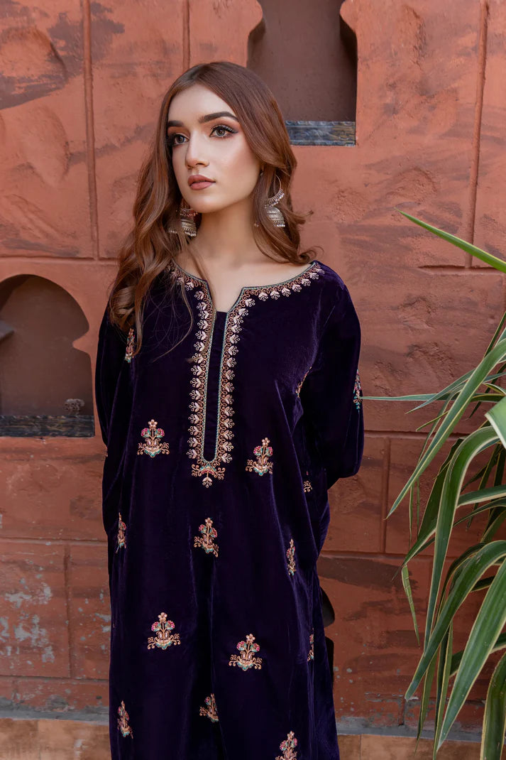 URGE - 2PC VELVET HEAVT EMBROIDERED SHIRT WITH VELEVT EMBROIDERED SLEEVES-TBF- 1906- MICROO 9000 VELVET