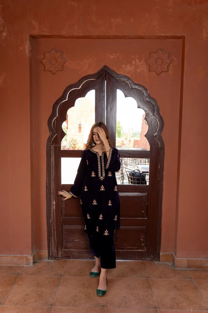 URGE - 2PC VELVET HEAVT EMBROIDERED SHIRT WITH VELEVT EMBROIDERED SLEEVES-TBF- 1906- MICROO 9000 VELVET