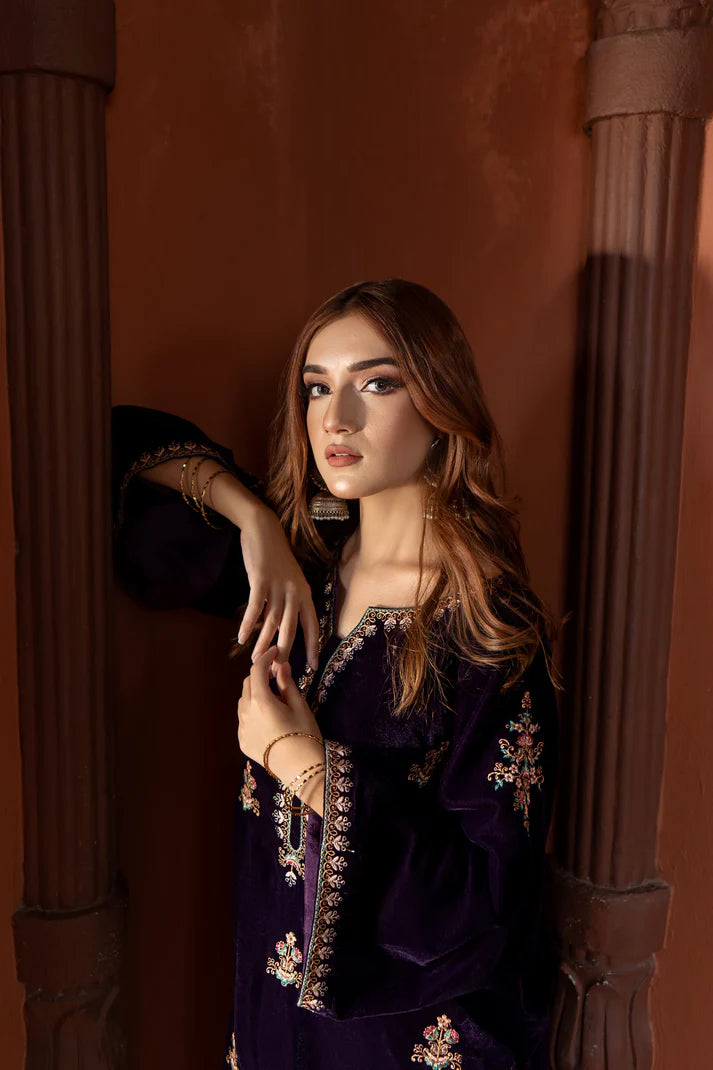 URGE - 2PC VELVET HEAVT EMBROIDERED SHIRT WITH VELEVT EMBROIDERED SLEEVES-TBF- 1906- MICROO 9000 VELVET
