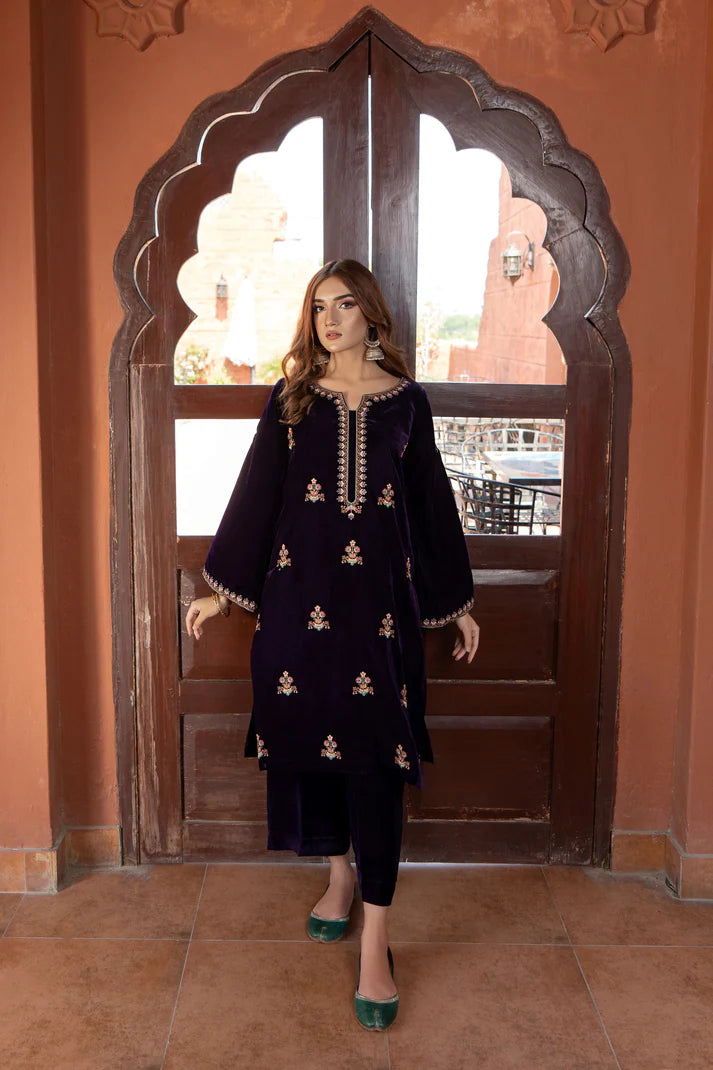 URGE - 2PC VELVET HEAVT EMBROIDERED SHIRT WITH VELEVT EMBROIDERED SLEEVES-TBF- 1906- MICROO 9000 VELVET