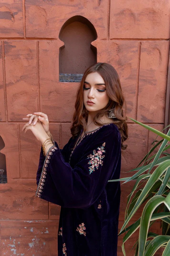 URGE - 2PC VELVET HEAVT EMBROIDERED SHIRT WITH VELEVT EMBROIDERED SLEEVES-TBF- 1906- MICROO 9000 VELVET