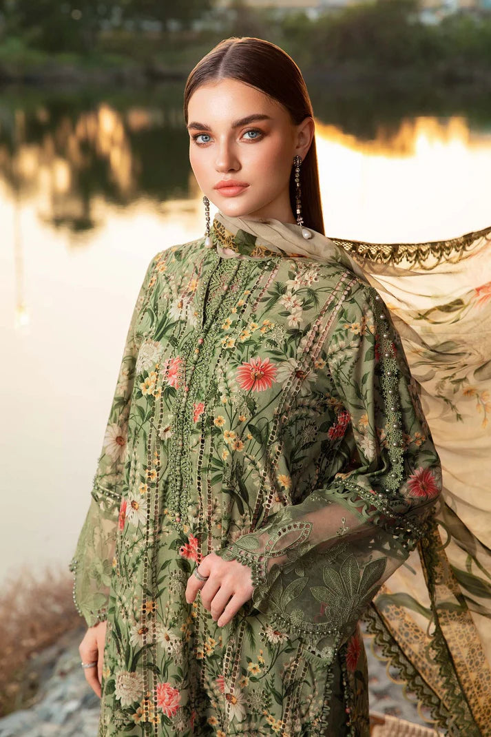MARIA.B-3PC LAWN PRINTED EMB SHIRT WITH CHIFFON PRINT DUPATTA AND PRINT TROUSER-UR-2890