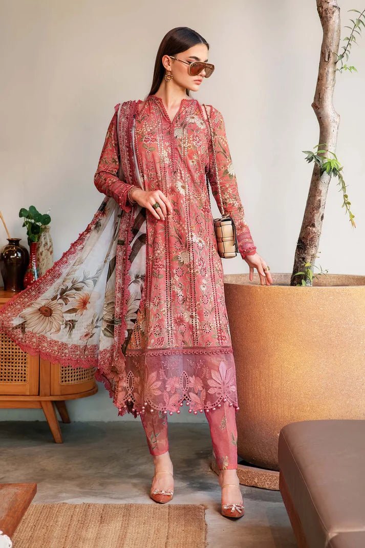 MARIA.B-3PC LAWN PRINTED EMB SHIRT WITH CHIFFON PRINT DUPATTA AND PRINT TROUSER-UR-2833