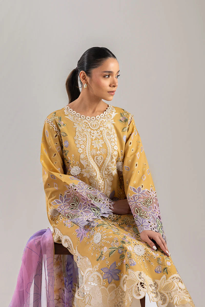 MUSHQ-3PC LAWN CHIKAN EMBROIDERED SHIRT WITH CHIFFON PRINTED DUPATTA & EMB TROUSER-UR-3528
