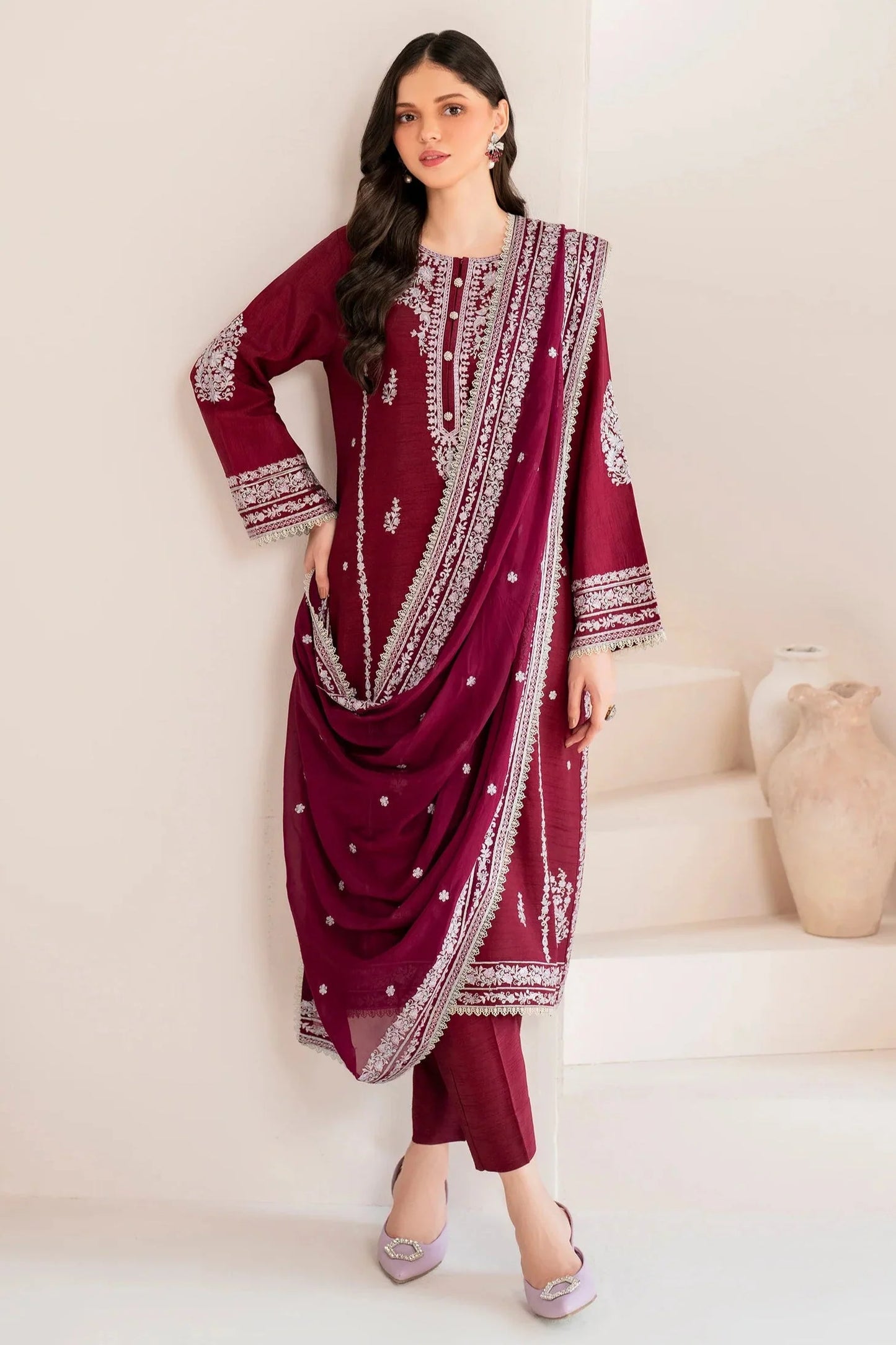 GARNET-3PC LAWN EMBROIDERED SHIRT WITH CHIFFON EMBROIDERED DUPATTA AND TROUSER-UR-2605