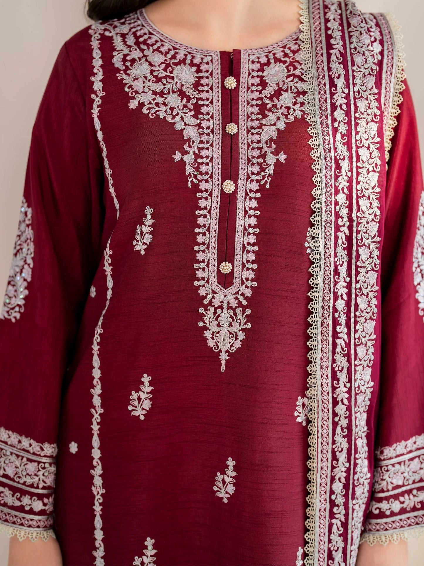 GARNET-3PC LAWN EMBROIDERED SHIRT WITH CHIFFON EMBROIDERED DUPATTA AND TROUSER-UR-2605