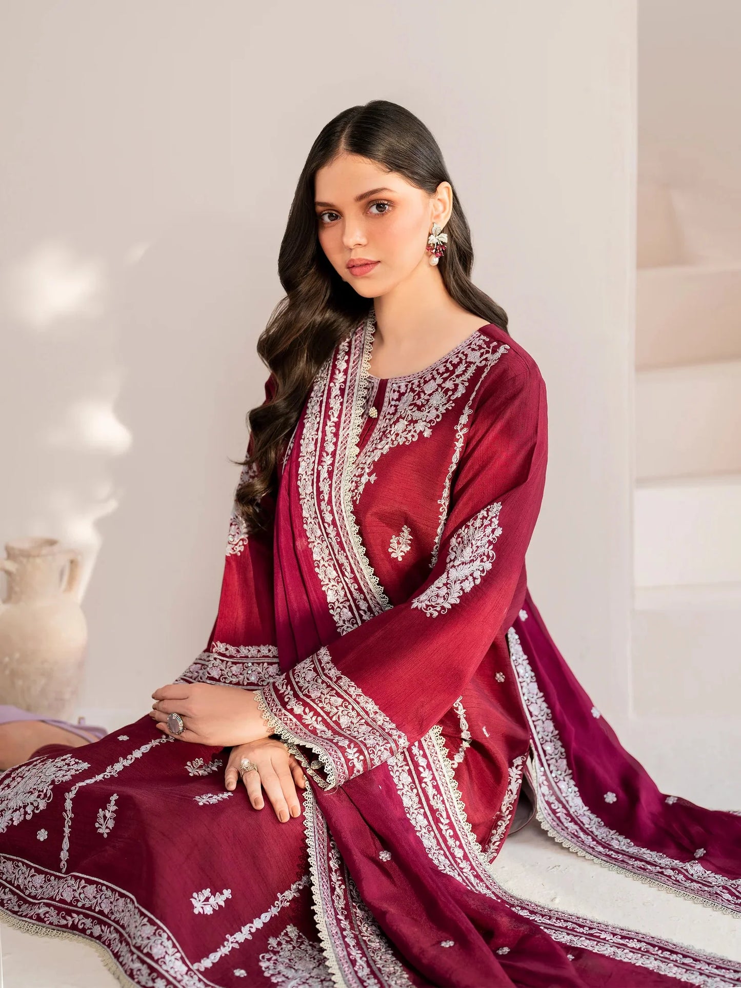 GARNET-3PC LAWN EMBROIDERED SHIRT WITH CHIFFON EMBROIDERED DUPATTA AND TROUSER-UR-2605