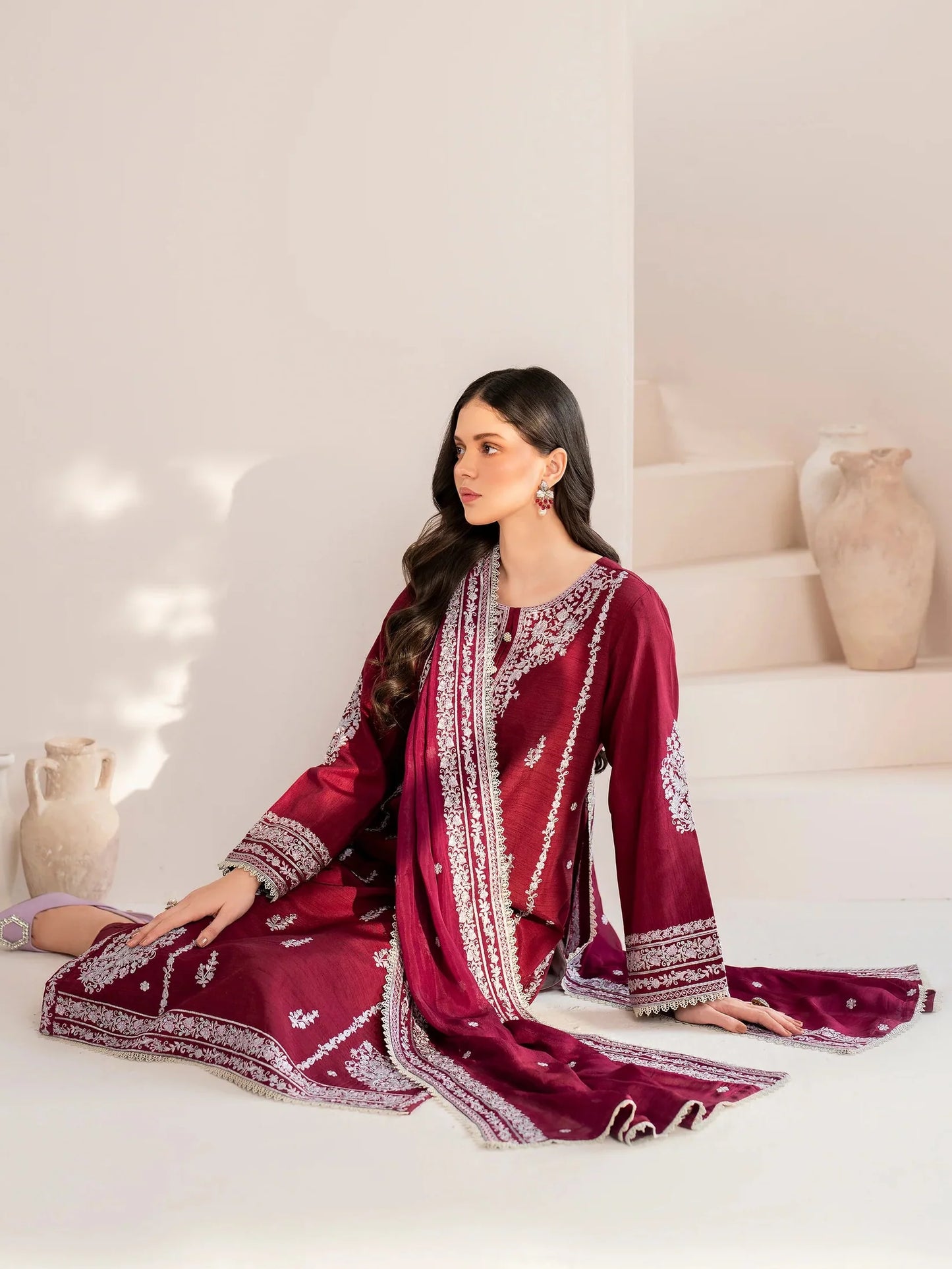 GARNET-3PC LAWN EMBROIDERED SHIRT WITH CHIFFON EMBROIDERED DUPATTA AND TROUSER-UR-2605