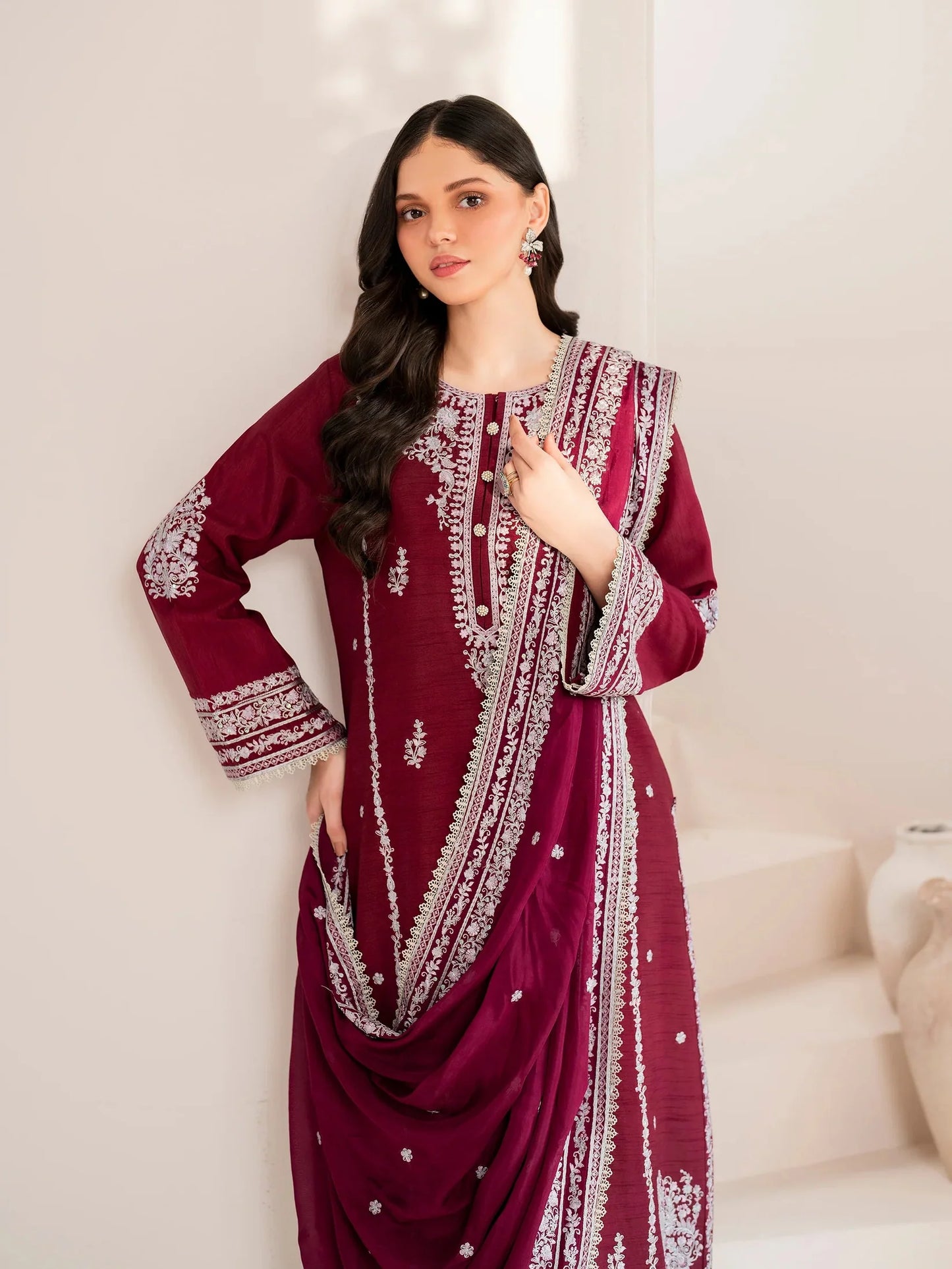GARNET-3PC LAWN EMBROIDERED SHIRT WITH CHIFFON EMBROIDERED DUPATTA AND TROUSER-UR-2605