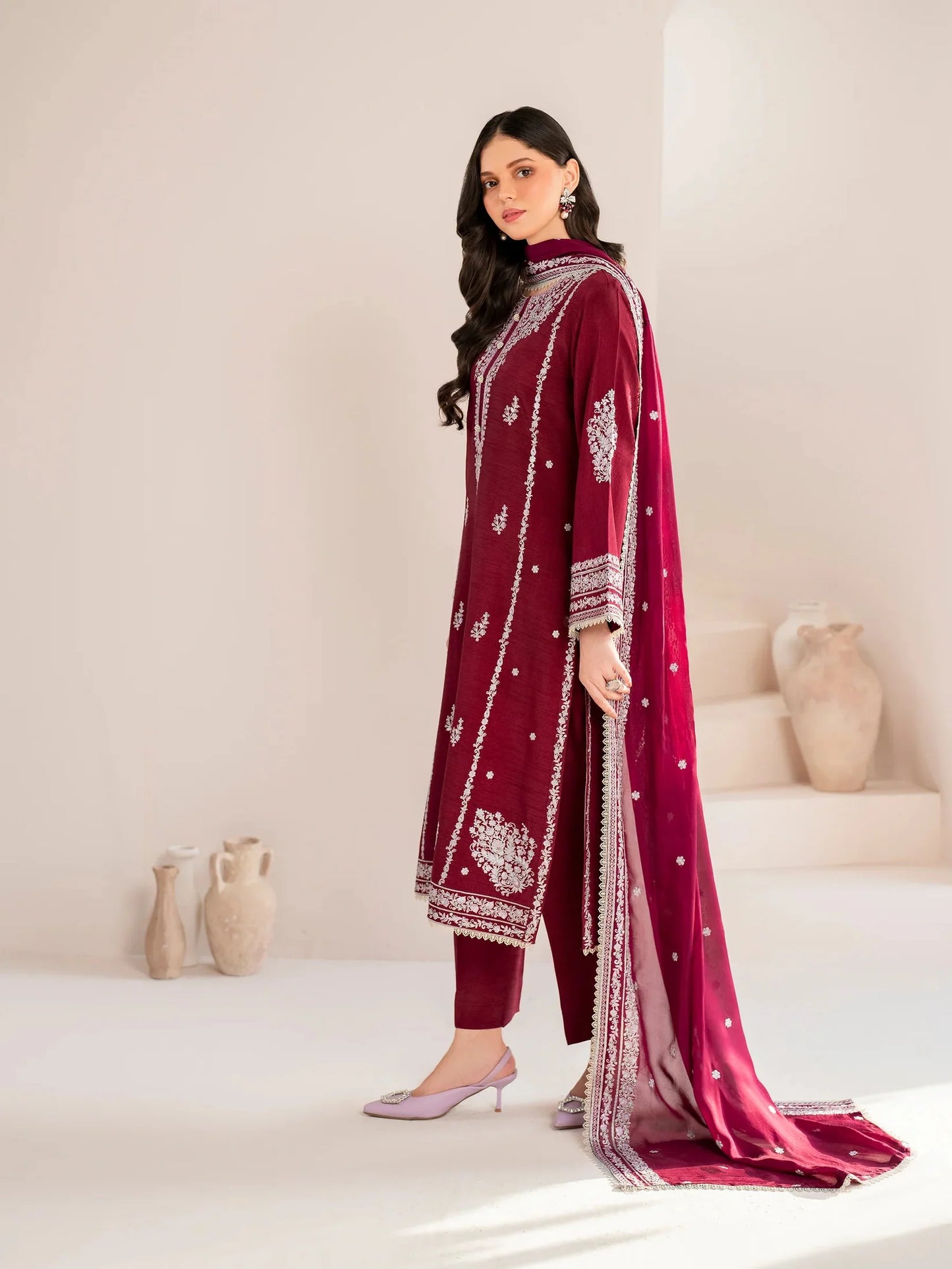GARNET-3PC LAWN EMBROIDERED SHIRT WITH CHIFFON EMBROIDERED DUPATTA AND TROUSER-UR-2605