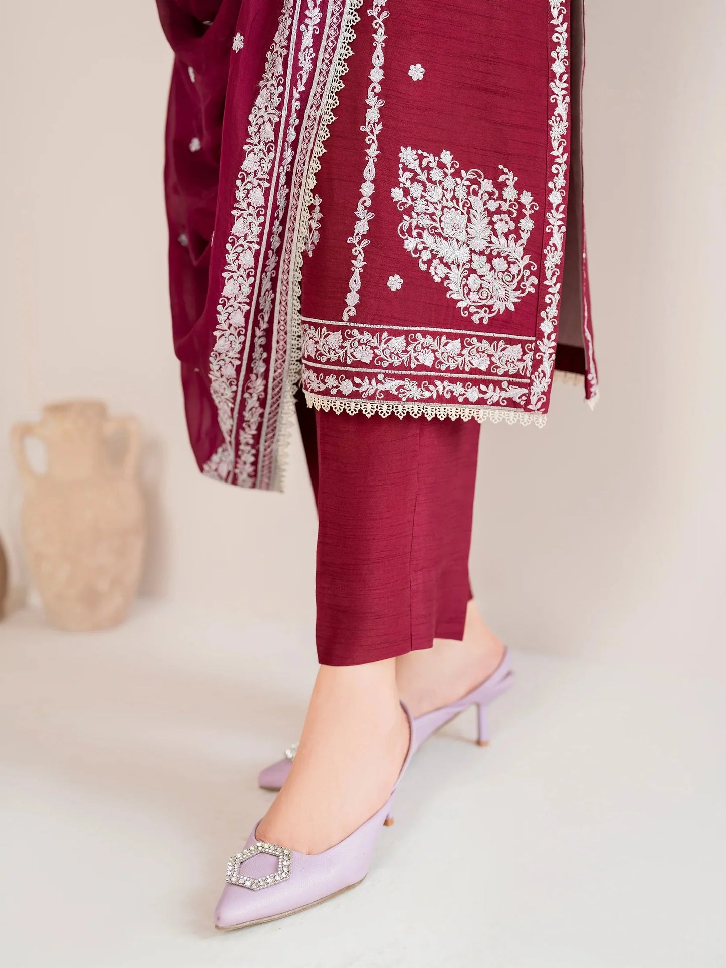 GARNET-3PC LAWN EMBROIDERED SHIRT WITH CHIFFON EMBROIDERED DUPATTA AND TROUSER-UR-2605