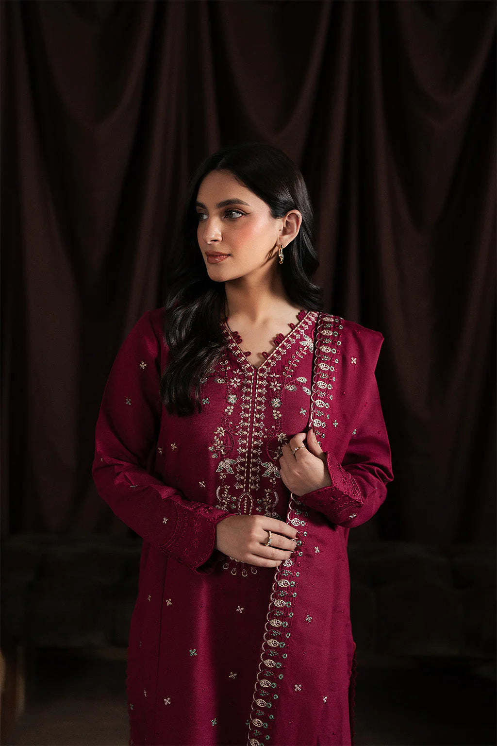 BATIK-3PC KARANDI EMBROIDERED SHIRT WITH KARANDI EMBROIDERED SHAWL AND TROUSER-UR-4460