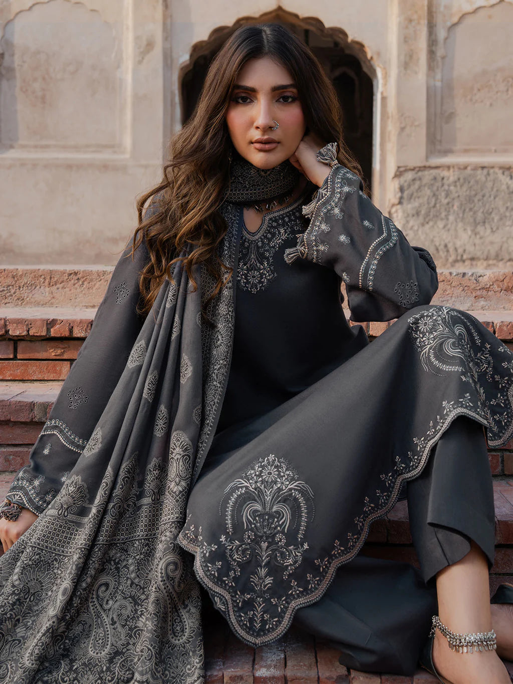 IZEL-3PC DHANAK EMBROIDERED SHIRT WITH COURTRAI PRINTED SHAWL & TROUSER-UR-4367