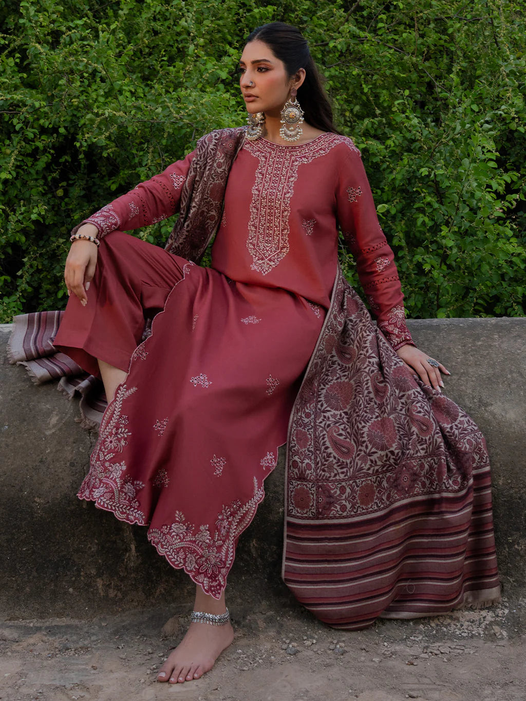 IZEL-3PC DHANAK EMBROIDERED SHIRT WITH COURTRAI PRINTED SHAWL & TROUSER-UR-4512