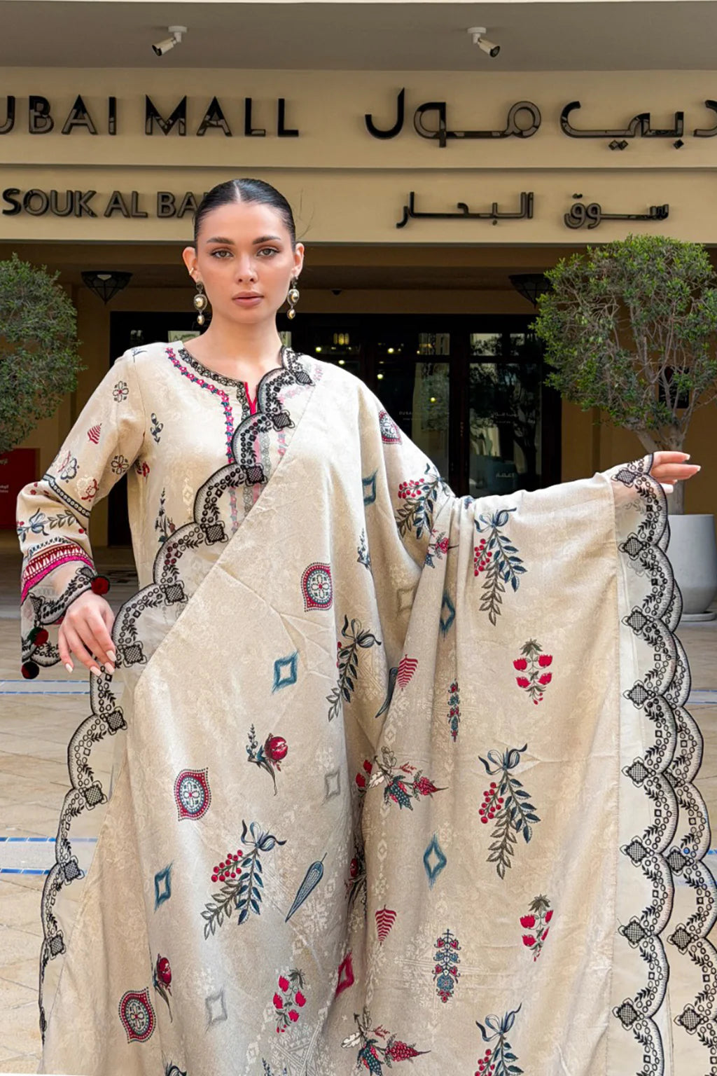 URAN-3PC KARANDI PRINTED EMBROIDERED SHIRT WITH KARANDI PRINTED EMB SHAWL & PRINTED TROUSER-UR-3410