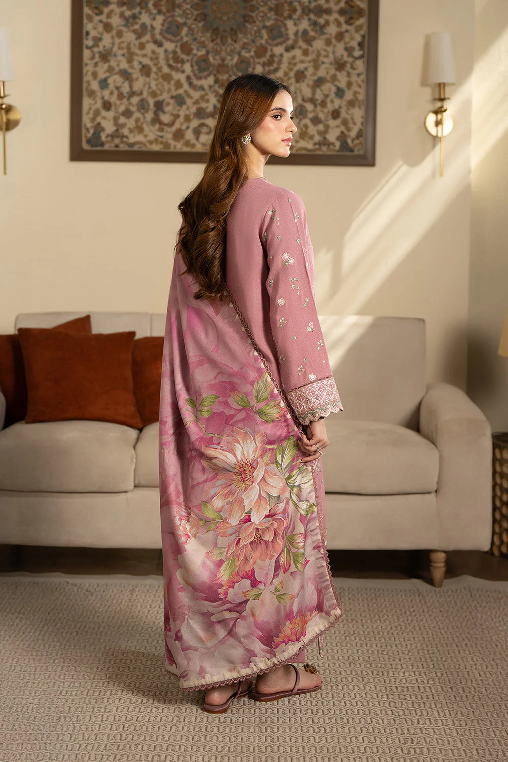BATIK-3PC DHANAK EMBROIDERED SHIRT WITH COURTRAI PRINTED SHAWL AND TROUSER-UR-4290