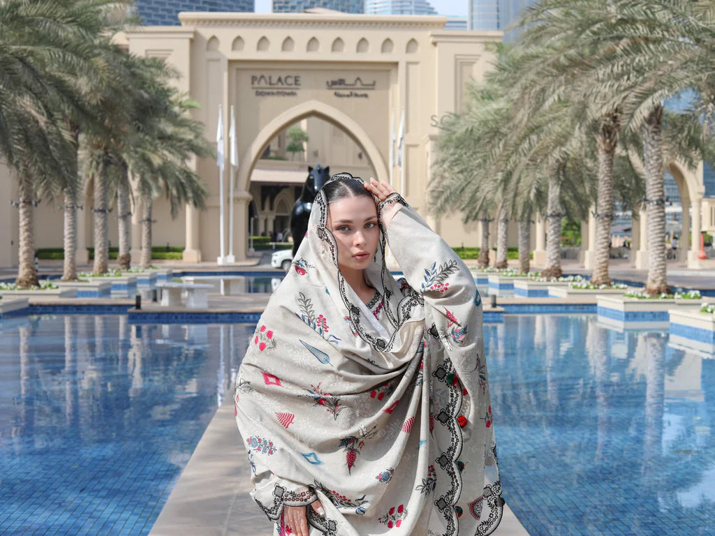 URAN-3PC KARANDI PRINTED EMBROIDERED SHIRT WITH KARANDI PRINTED EMB SHAWL & PRINTED TROUSER-UR-3419