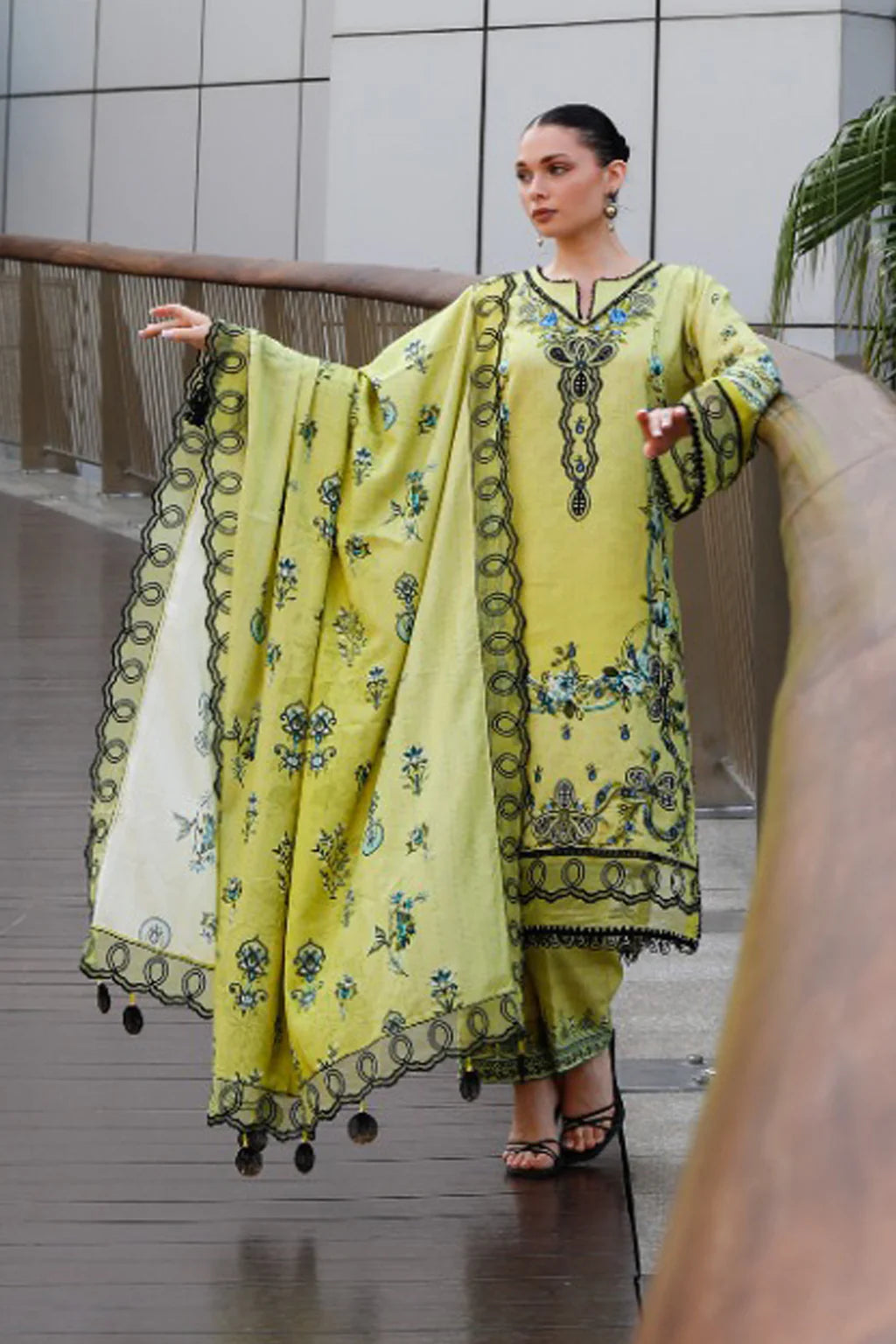 URAN-3PC KARANDI PRINTED EMBROIDERED SHIRT WITH KARANDI PRINTED EMB SHAWL & PRINTED TROUSER-UR-3407