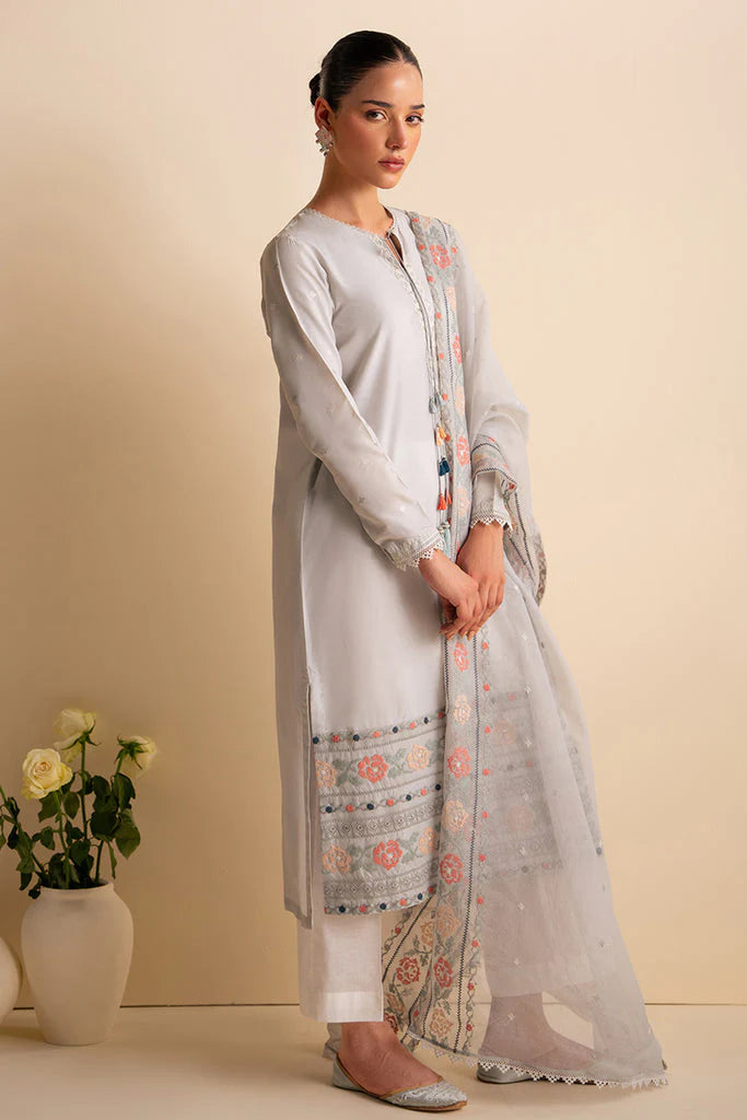 CROSS STITCH-3PC DHANAK EMBROIDERED SHIRT WITH ORGANZA EMBROIDRED DUPATTA AND TROUSER-TANA-1749