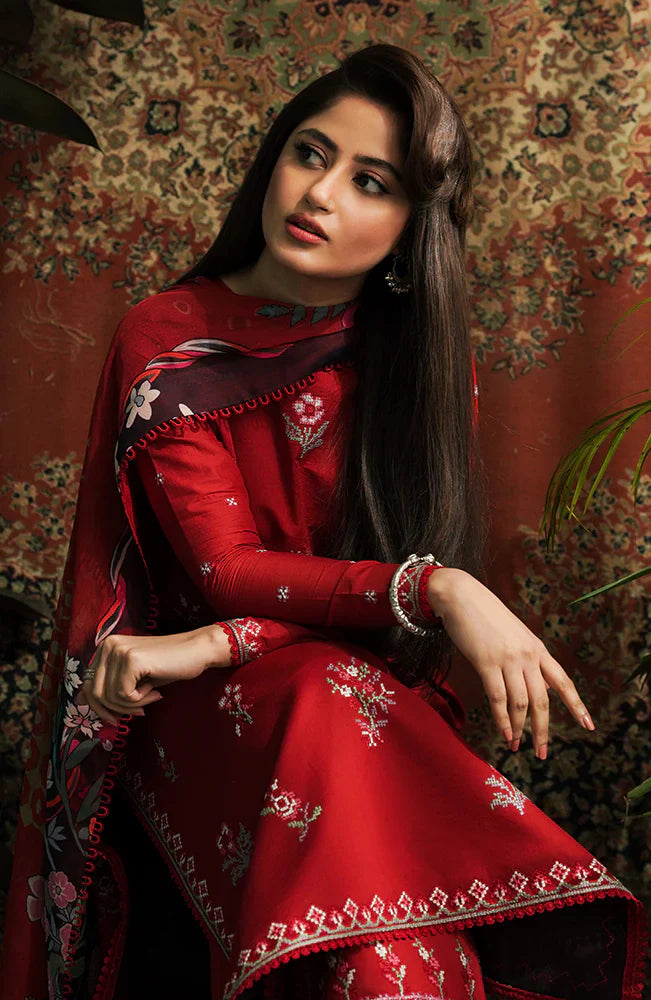 SERAN-3PC LAWN EMBROIDERED SHIRT WITH MONARK PRINT DUPATTA & EMB TROUSER-UR-2584