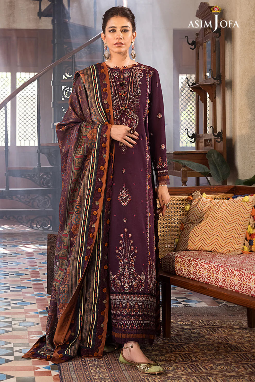 ASIM.JOFA-3PC LAWN EMBROIDERED SHIRT WITH MONARK PRINT DUPATTA AND TROUSER-UR-2567