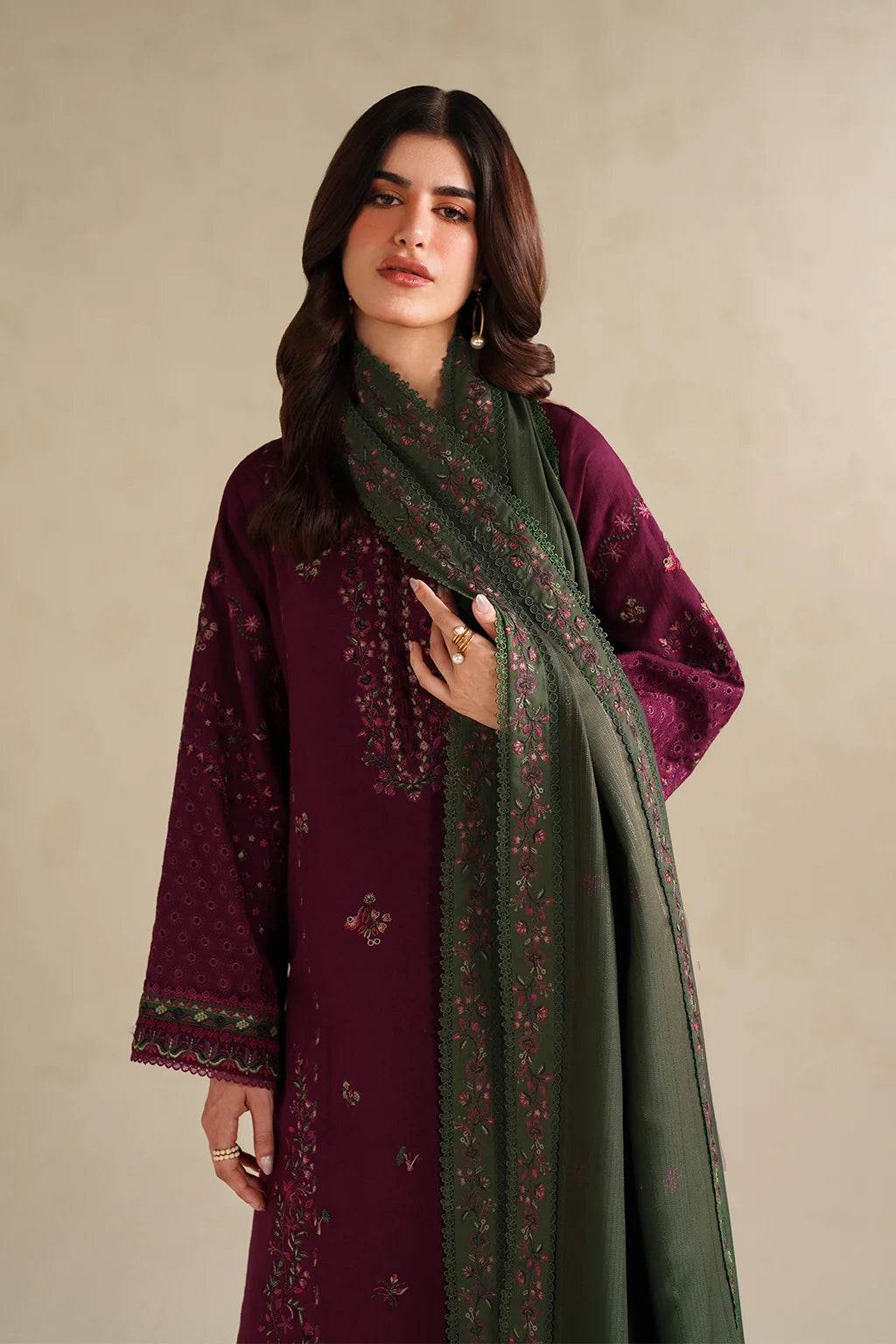 IZNIK-3PC DHANAK EMBROIDERED SHIRT WITH DHANAK EMBROIDERED SHAWL AND TROUSER-UR-4618