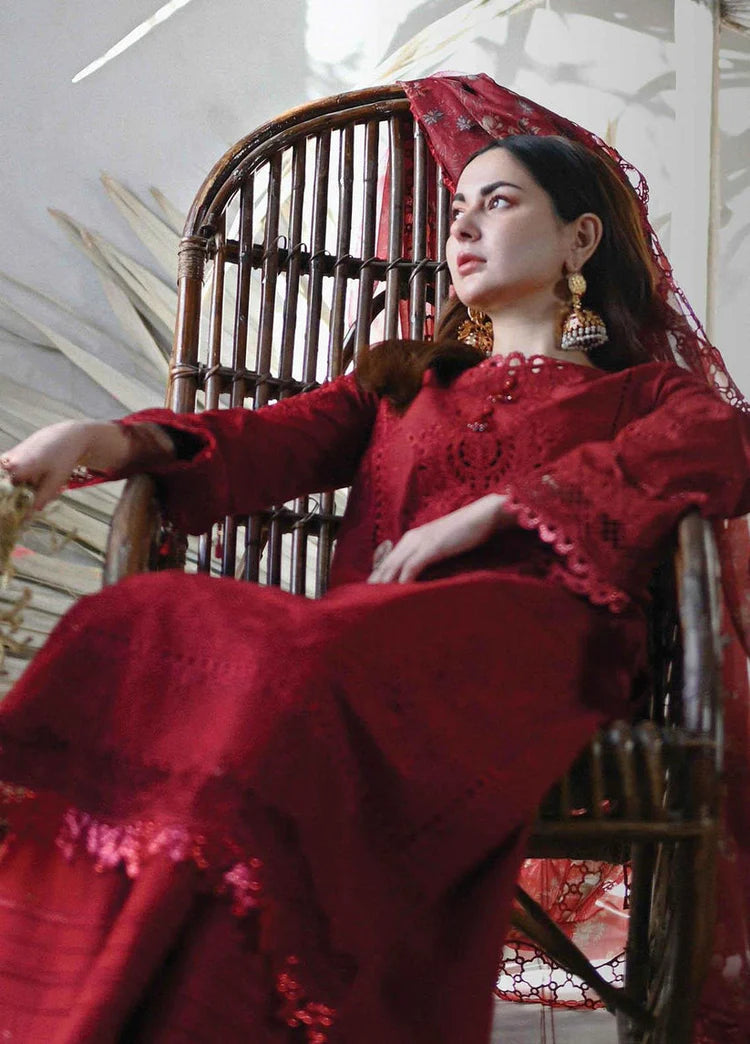 QALAMQAR-3PC LAWN CHIKAANKARI EMBROIDERED SHIRT WITH CHIFFON PRINTED EMB DUPATTA AND TROUSER-UR-3613