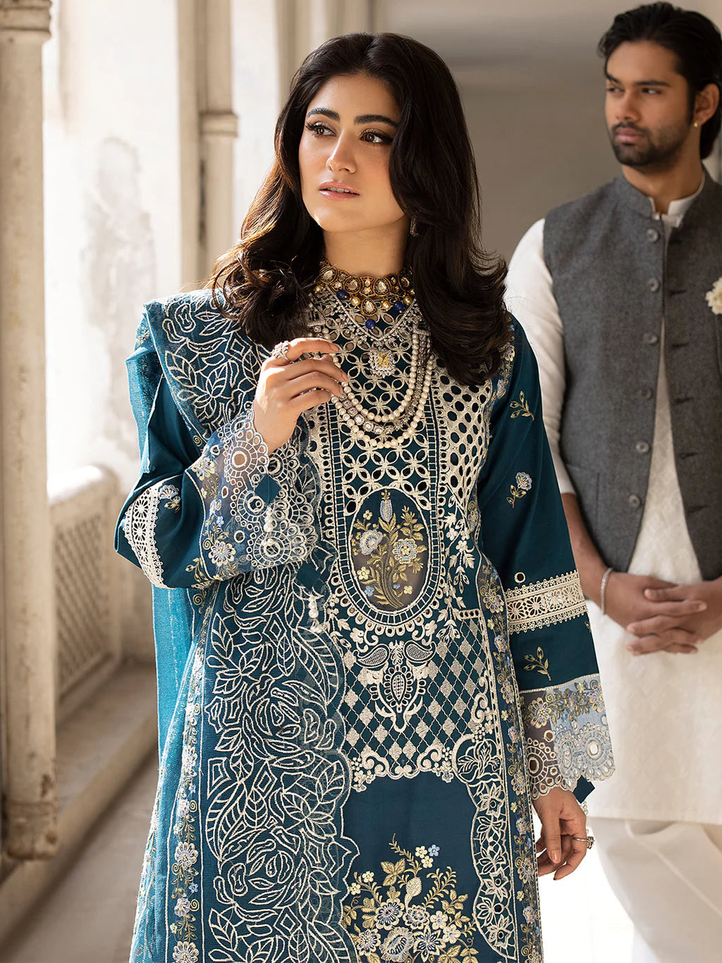 MAHNUR-3PC LAWN EMBROIDERED SHIRT WITH KHADDI NET EMBROIDERED DUPATTA AND TROUSER-UR-3592