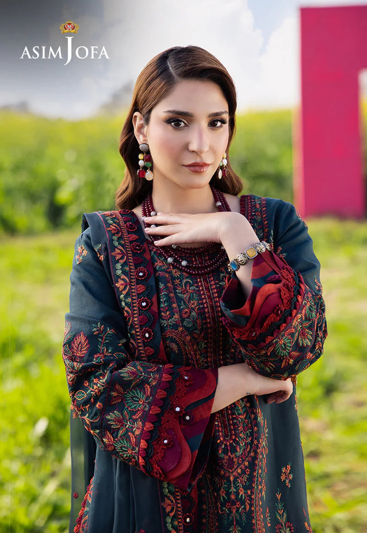 ASIM JOFA-3PC DHANAK EMBROIDERED SHIRT WITH DHANAK EMBROIDERED SHAWL AND TROUSER-UR-3854