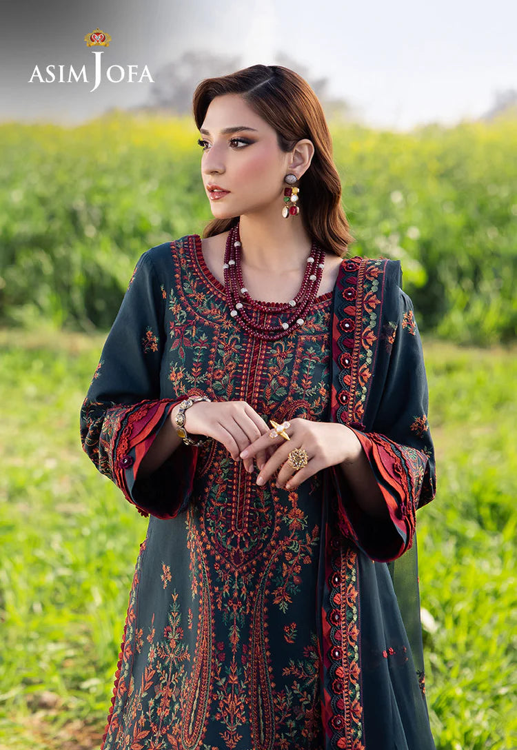 ASIM JOFA-3PC DHANAK EMBROIDERED SHIRT WITH DHANAK EMBROIDERED SHAWL AND TROUSER-UR-3854