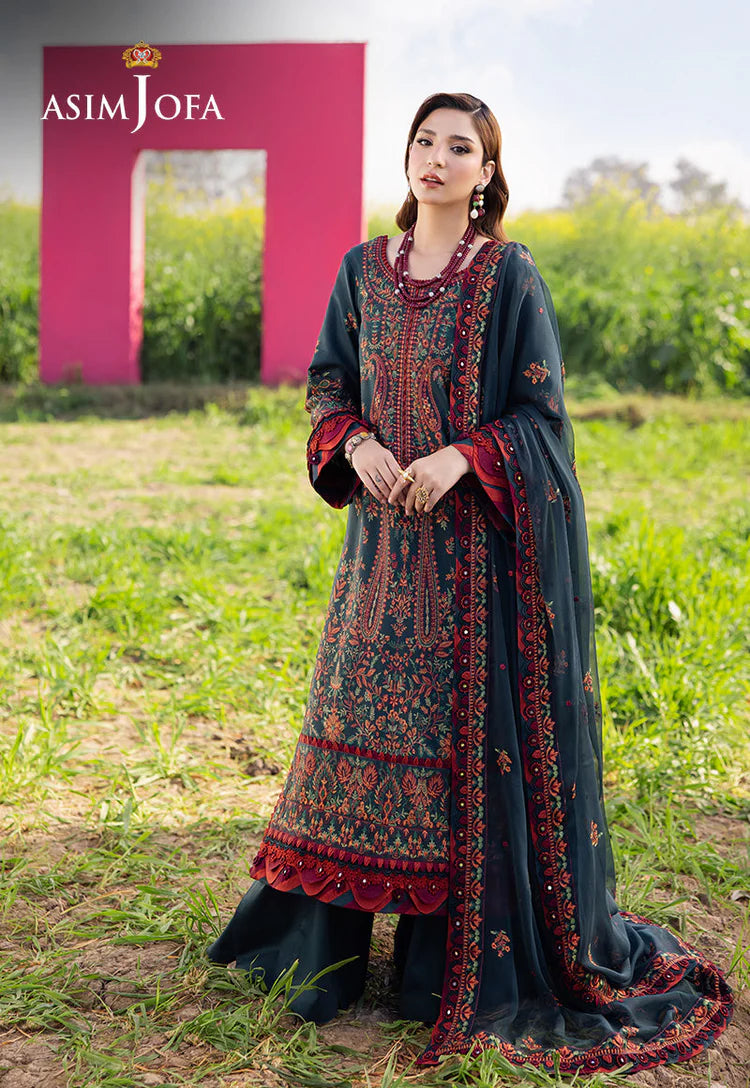 ASIM JOFA-3PC DHANAK EMBROIDERED SHIRT WITH DHANAK EMBROIDERED SHAWL AND TROUSER-UR-3854