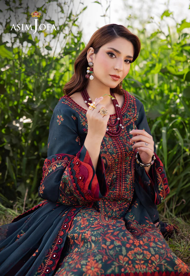 ASIM JOFA-3PC DHANAK EMBROIDERED SHIRT WITH DHANAK EMBROIDERED SHAWL AND TROUSER-UR-3854