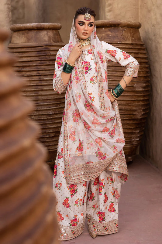 CHARIZMA-3PC SHAMOZE SILK PRINTED EMB SHIRT WITH SOFT SILK PRINTED EMB DUPATTA & EMB TROUSER-UR-2712