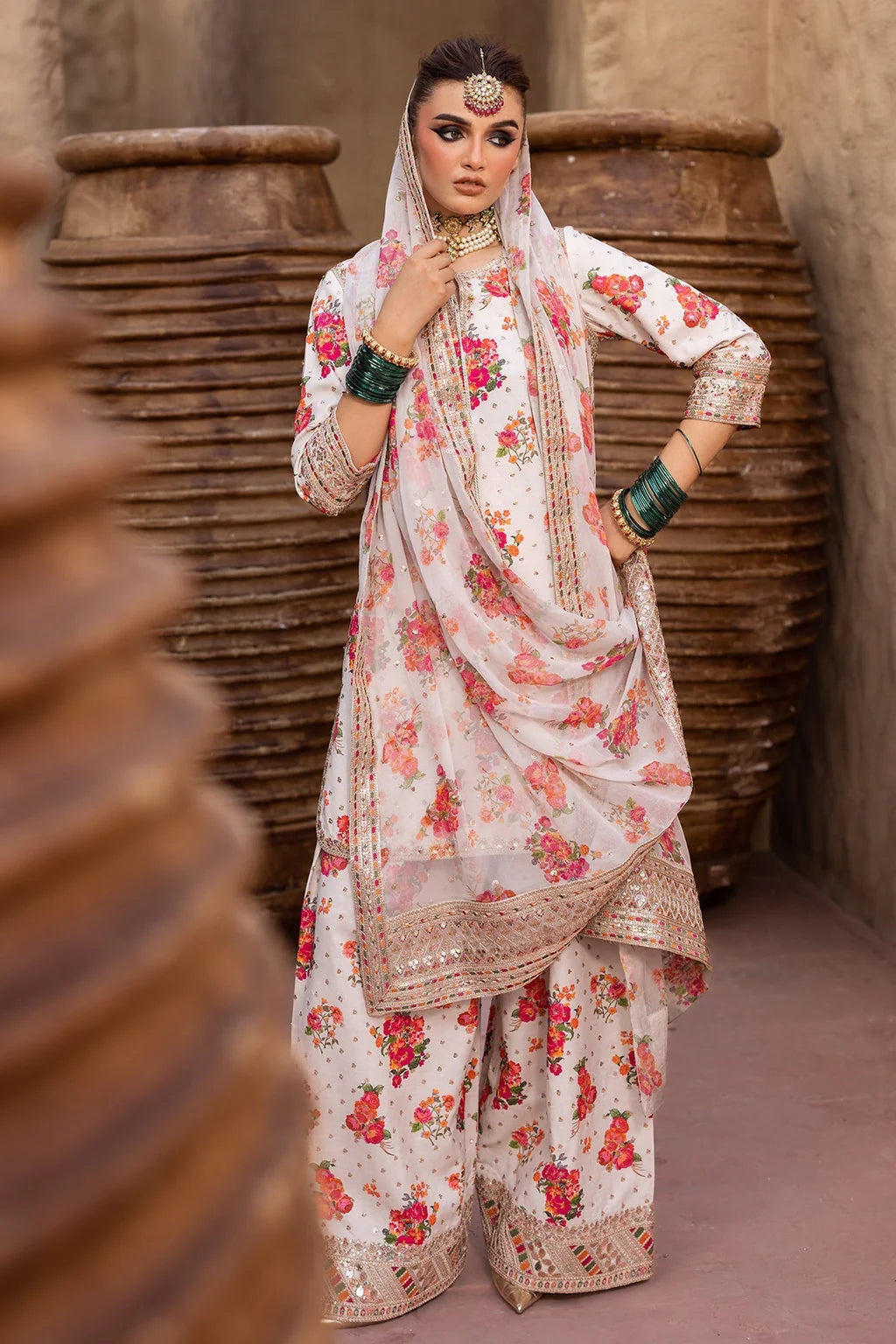 CHARIZMA-3PC SHAMOZE SILK PRINTED EMB SHIRT WITH SOFT SILK PRINTED EMB DUPATTA & EMB TROUSER-UR-2712