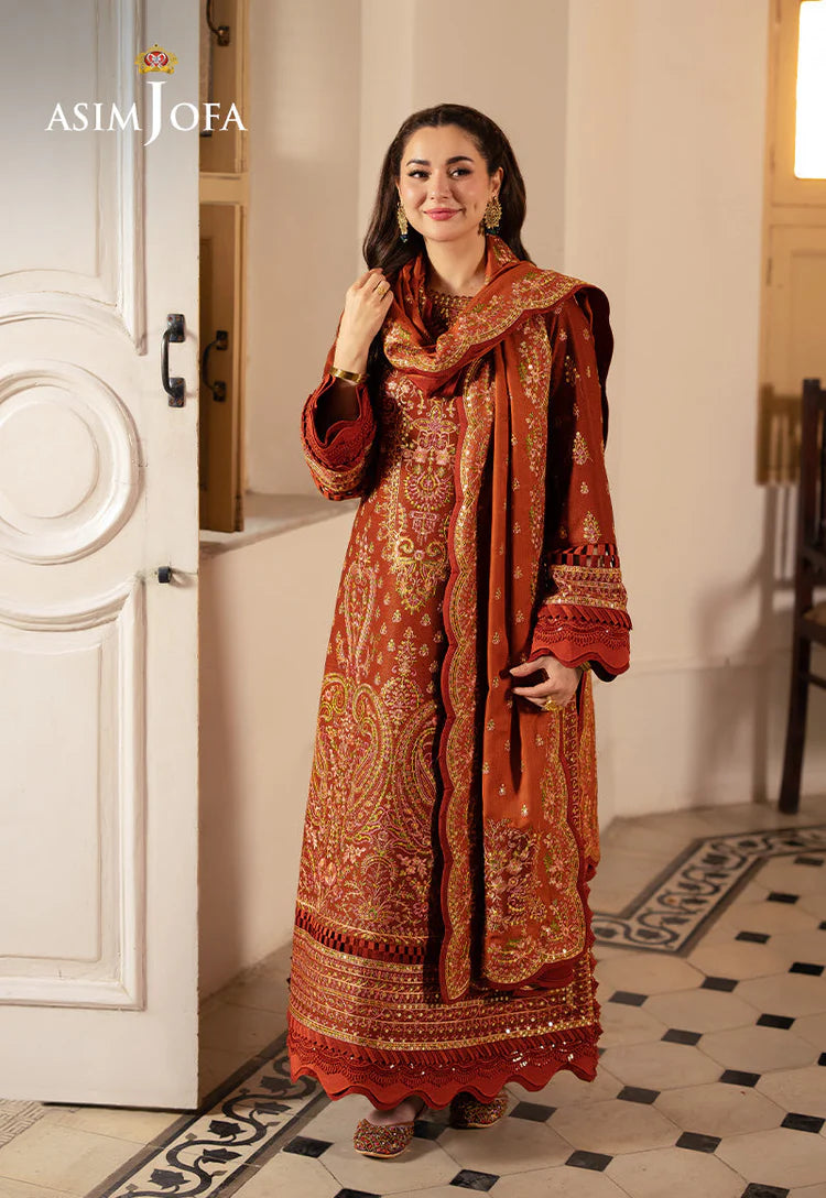 ASIM JOFA-3PC DHANAK SEQUIN EMBROIDERED SHIRT WITH DHANAK EMBROIDERED SHAWL AND TROUSER-UR-4084