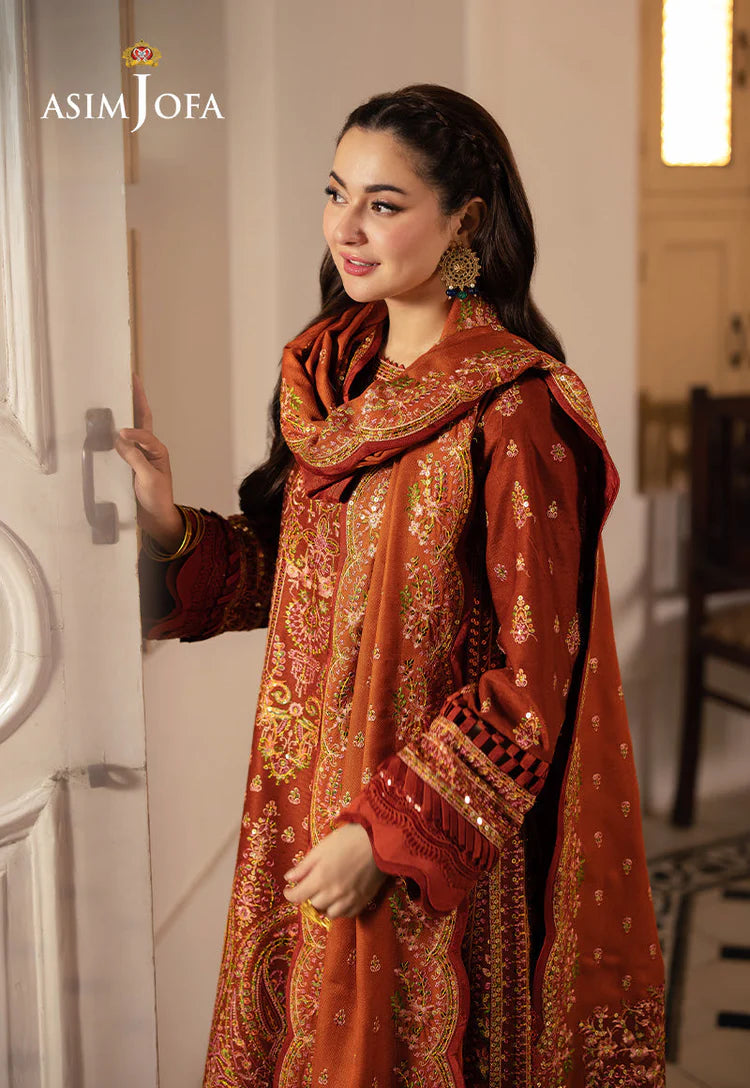 ASIM JOFA-3PC DHANAK SEQUIN EMBROIDERED SHIRT WITH DHANAK EMBROIDERED SHAWL AND TROUSER-UR-4084