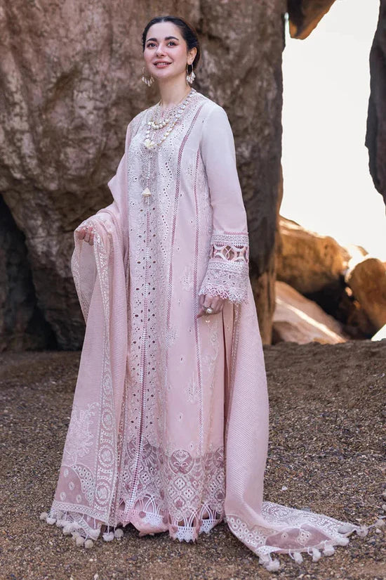 QALAMQAR-3PC LAWN LASERCUTWORK EMBROIDERED SHIRT WITH KHAADI NET EMBROIDERED DUPATTA AND TROUSER