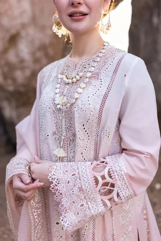QALAMQAR-3PC LAWN LASERCUTWORK EMBROIDERED SHIRT WITH KHAADI NET EMBROIDERED DUPATTA AND TROUSER