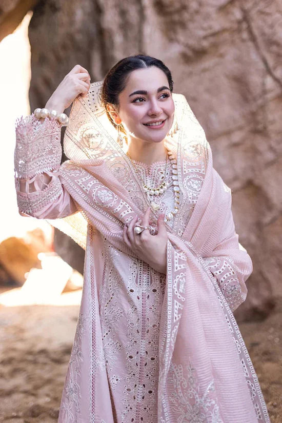QALAMQAR-3PC LAWN LASERCUTWORK EMBROIDERED SHIRT WITH KHAADI NET EMBROIDERED DUPATTA AND TROUSER