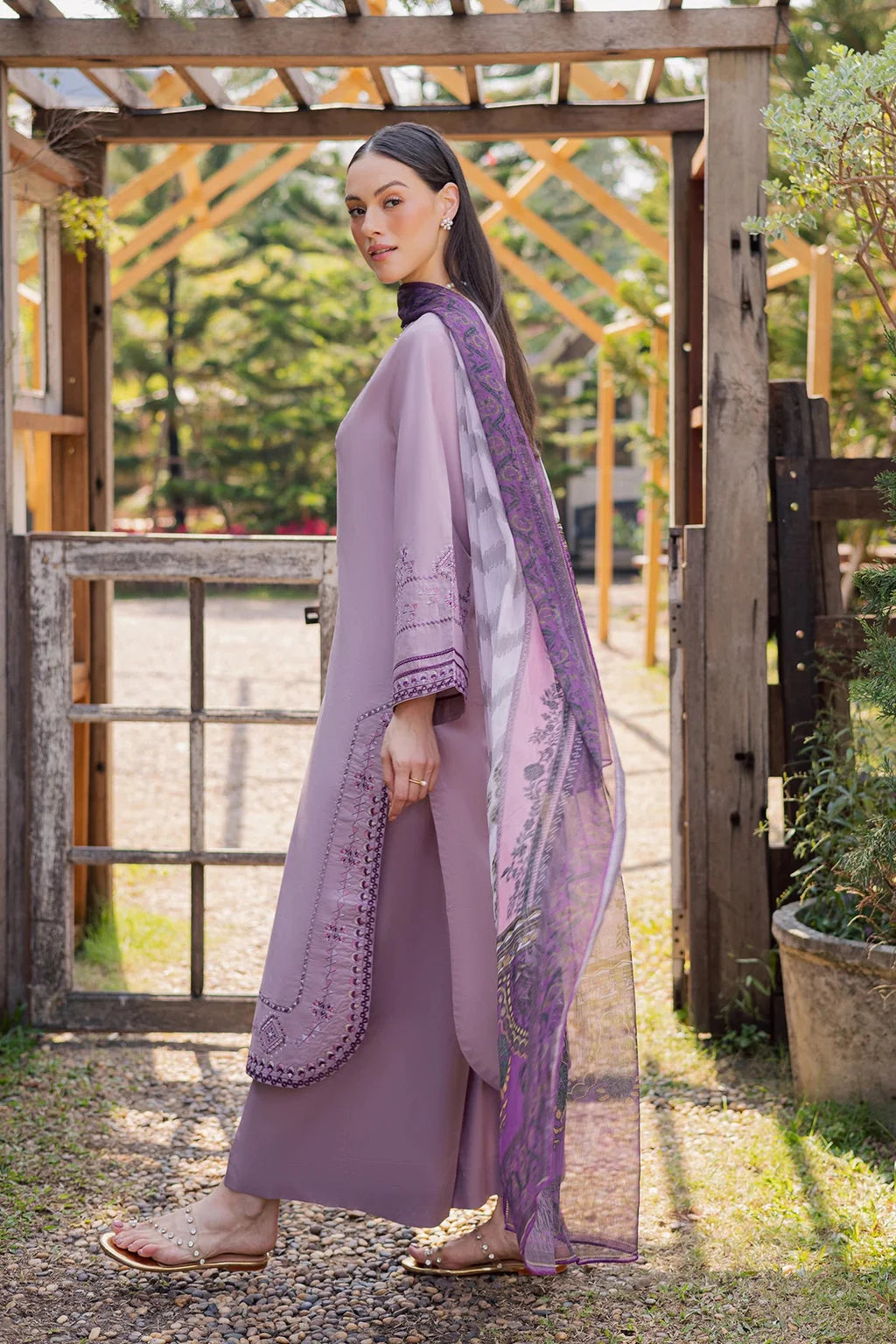 GARNET-3PIECE LAWN EMBROIDERED SHIRT WITH CHIFFON PRINTED DUPATTA AND TROUSER-UR-4591
