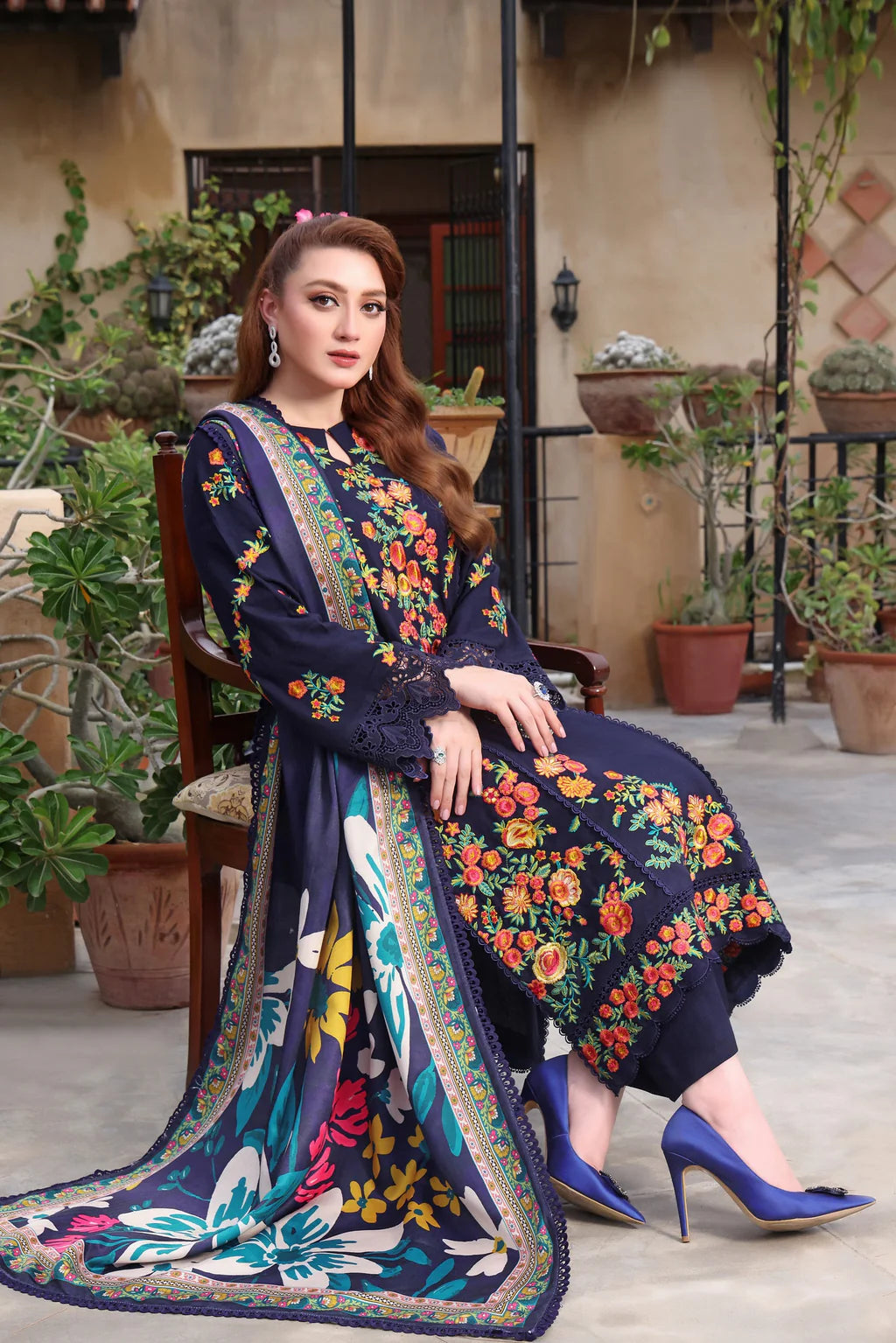 ASIM JOFA-3PC DHANAK EMBROIDERED SHIRT WITH COURTRAI PRINTED SHAWL & TROUSER -UR-4073