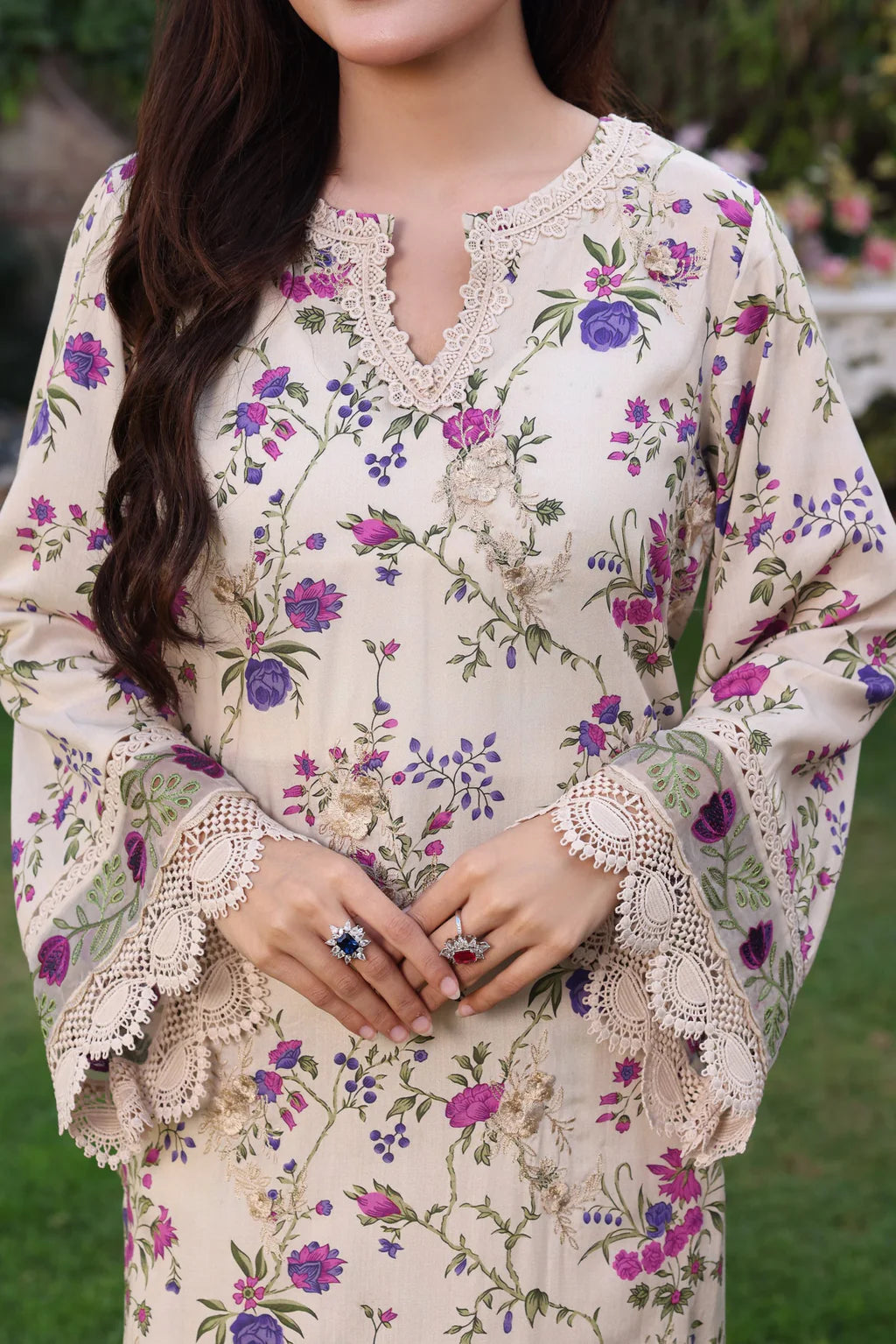 ANEELAS-3PC LAWN PRINTED CHIKAN EMB SHIRT WITH SILK PRINTED DUPATTA AND TROUSER-531