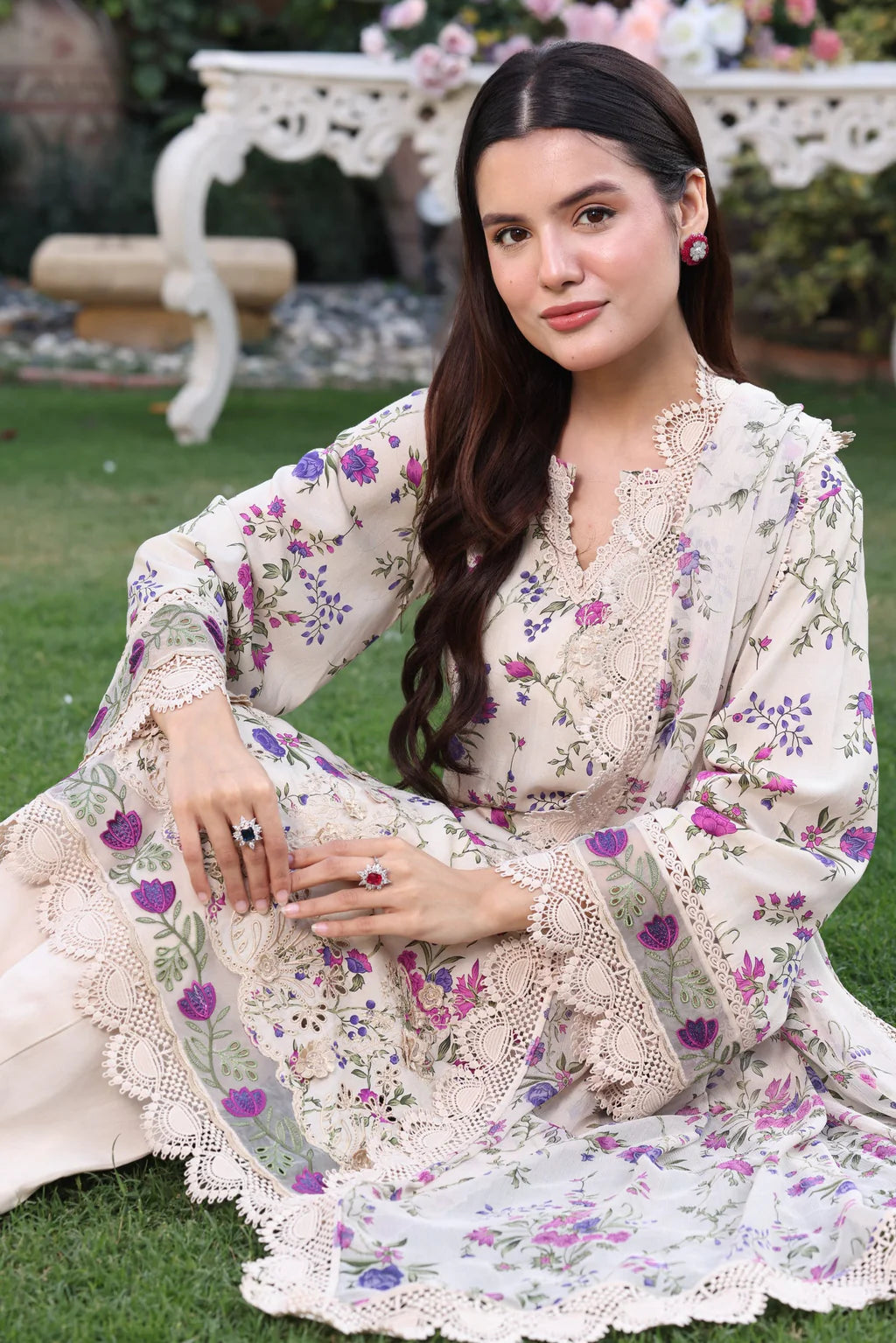 ANEELAS-3PC LAWN PRINTED CHIKAN EMB SHIRT WITH SILK PRINTED DUPATTA AND TROUSER-531