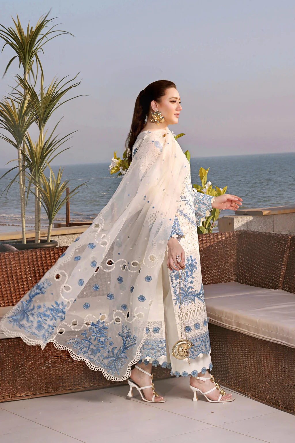 ANEELAS-3PC LAWN EMBROIDERED SHIRT WITH ORGANZA EMBROIDERED DUPATTA AND TROUSER-UR-4566