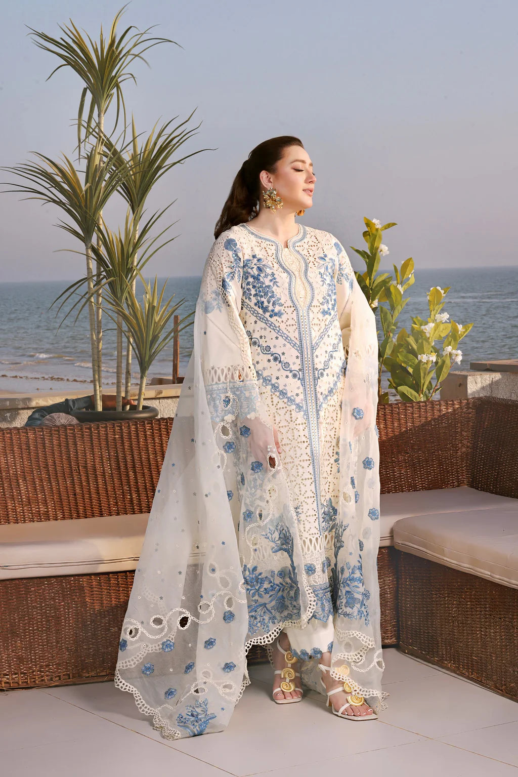ANEELAS-3PC LAWN EMBROIDERED SHIRT WITH ORGANZA EMBROIDERED DUPATTA AND TROUSER-UR-4566