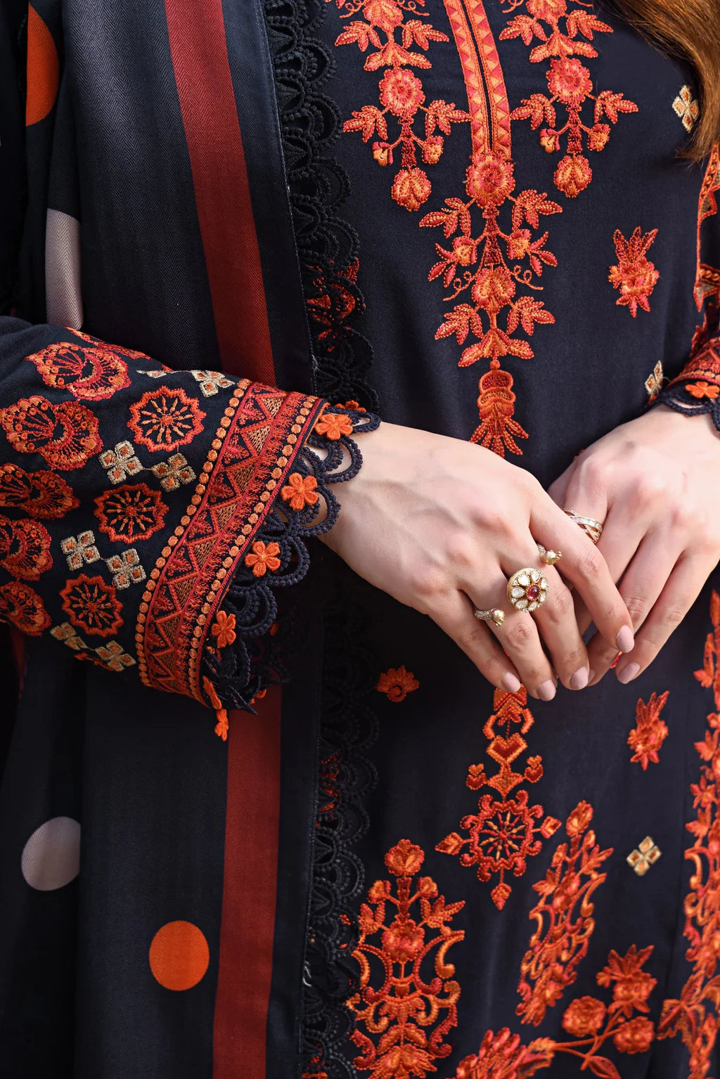 ASIM JOFA-3PC DHANAK EMBROIDRED SHIRT WITH COURTRAI PRINTED SHAWL AND TROUSER-UR-4091