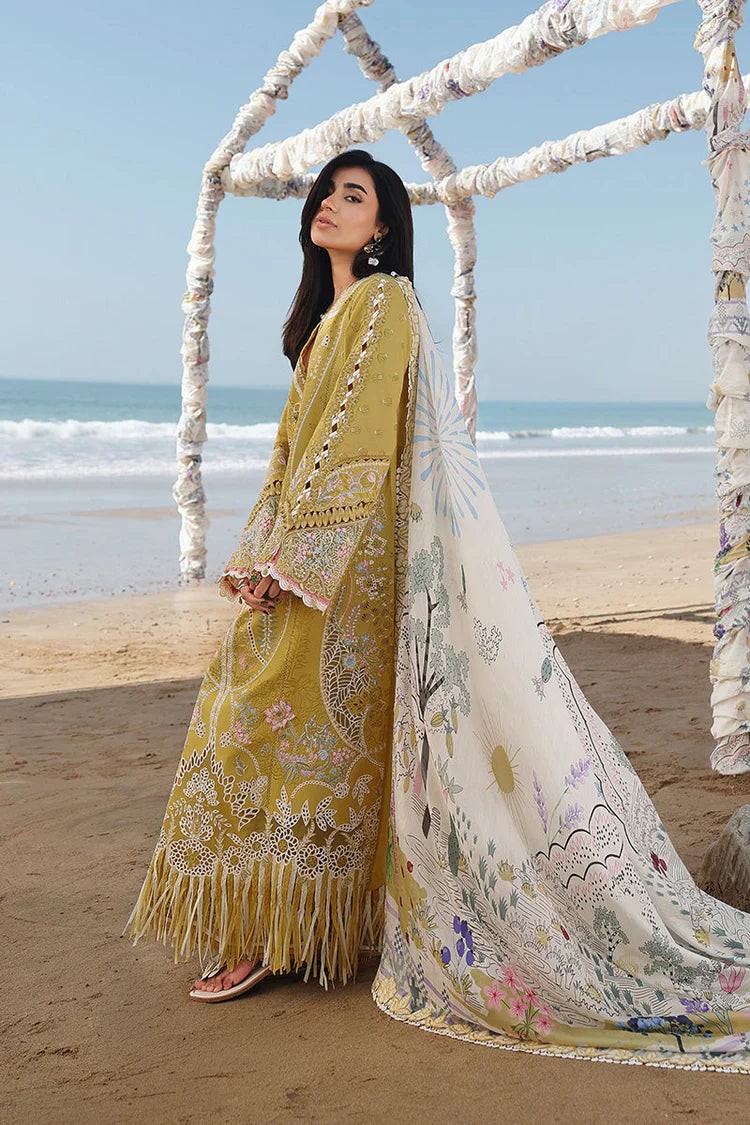 QALAMQAR-3PC LAWN CHIKENKARI EMBROIDERED SHIRT WITH CHIFFOON PRINT DUPATTA AND EMB TROUSER-UR-3591