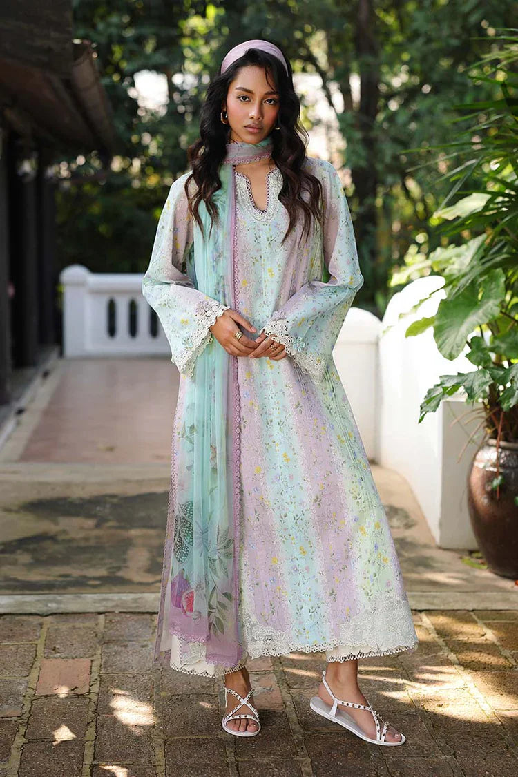 QALAMQAR-3PC LAWN PRINTED EMB SHIRT WITH SILK PRINTED DUPATTA AND TROUSER-UR-057