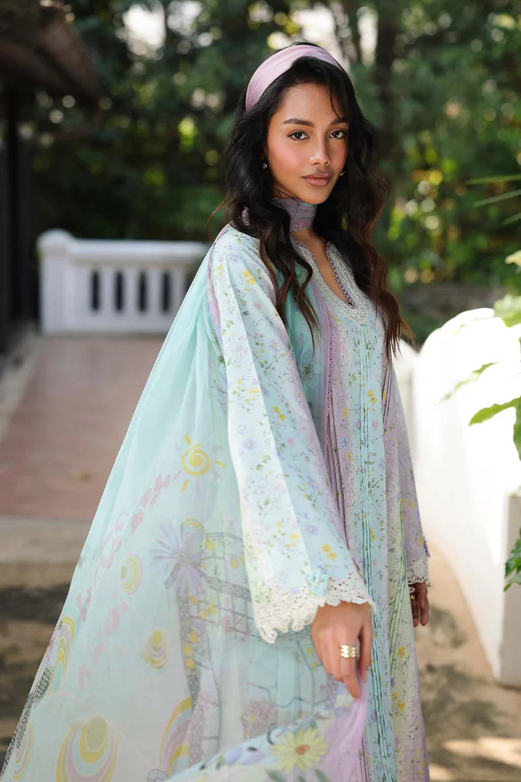 QALAMQAR-3PC LAWN PRINTED EMB SHIRT WITH SILK PRINTED DUPATTA AND TROUSER-UR-057