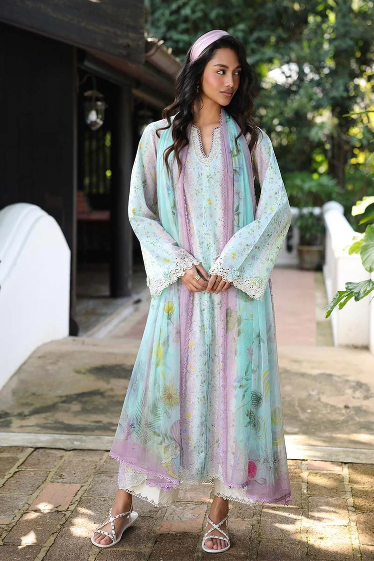 QALAMQAR-3PC LAWN PRINTED EMB SHIRT WITH SILK PRINTED DUPATTA AND TROUSER-UR-057
